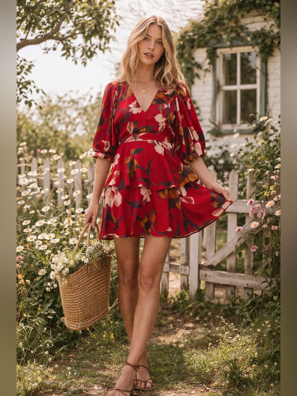 NWT Band of the Free Dolly Red Floral Puff Sleeve Mini Dress Boho Cottagecore